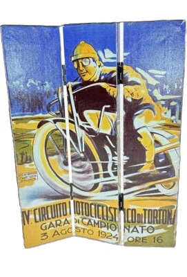 1924 Italian Motorcycle Race Vintage Folding Table Top Art 3 Pc Canvas Hinged - Image 1 of 4