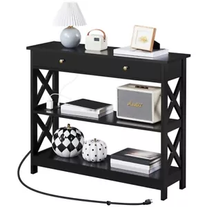 Wood Console Table with Outlet Entryway Table with Drawer & Storage Shelves - Picture 1 of 18