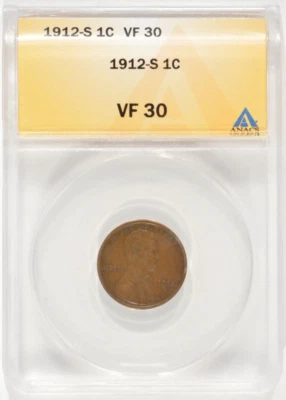 1912-S Lincoln Wheat Cent 1c ANACS VF30 5231914 - Image 1 of 4
