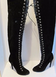 Dollhouse Damen 8 schwarze Reißverschluss über dem Knie offene Zehe Stiefel Absätze SEXY j112 - Bild 1 von 5