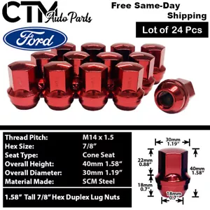 24x Red14x1.5 Large Seat Lug Nut Fit Ford F150/Navigator/Expedition Stock Wheel - Picture 1 of 5