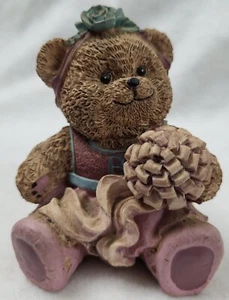 Resin baby bear figure wearing Pink dress & holding Pink flowers. 3.5 inches  - Picture 1 of 6