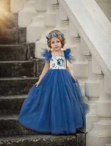 NWT Dollcake "Ruby" Teal Blue Tulle Teal Blue Floral Maxi Dress Girls sz 10 HTF - Picture 1 of 3