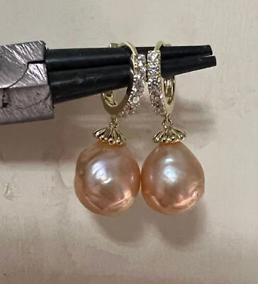 Elegant Pair Of 10-11mm South Sea  Baroque Gold Pink  Pearl Dangle Earring925s - Image 1 of 4