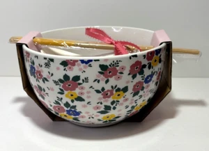 Èccolo Floral Ceramic Stoneware Noodle Soup Bowl with Chopsticks and Spoon - Picture 1 of 8