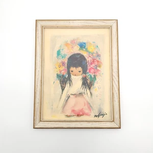 Vintage Ted DeGrazia Flower Girl Art Print on Cardboard Signed Framed 14 x 10.5 - Picture 1 of 7