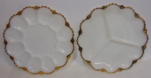 Deviled Eierteller Vintage weiß Milchglas & Servierschale Goldrand 10" gerafft - Bild 1 von 9