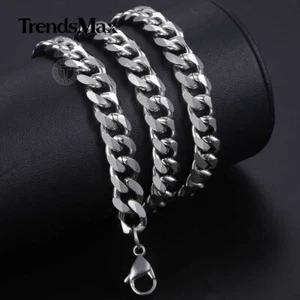 9mm Wide Silver Stainless Steel Curb Cuban Chain Necklace Men's Jewelry 16-30" - Picture 1 of 4
