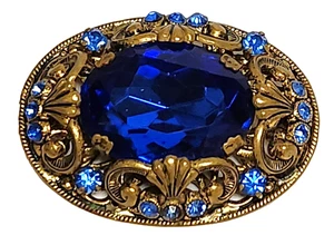 Vintage Royal Blue Glass Rhinestone Oval Shape Gold Tone Brooch West Germany 2" - Picture 1 of 6