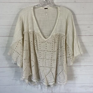 Free People Summer Lovin Linen Blend Frayed Hem Top XS Ivory V-Neck Bell Sleeve - Picture 1 of 12