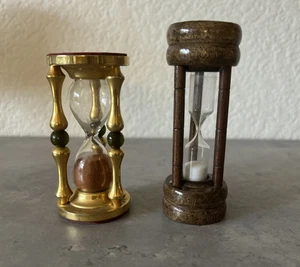 2 Sammlerstücke Vintage Holz & Messing Stein 3 Minuten Schleif Timer Sanduhr - Bild 1 von 5