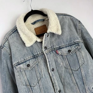Levi's Premium Denim Sherpa Lined Trucker Jacket XL Blue Jean Coat Menswear - Picture 1 of 17