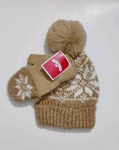 Holiday Time beige Schneeflocke Lametta Mütze mit Bommel Handschuhe Fäustlinge Erwachsenengröße - Bild 1 von 6