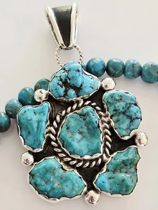Signed NAVAJO STUNNING Custom GEM GRADE Turquoise STERLING Large Cluster Pendant - Picture 1 of 8