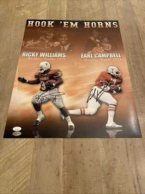 Рики Уильямс + Эрл Кэмпбелл Двойная Подпись Texas Longhorns 16x20 Фото. JSA + COA - Изображение 1 из 4