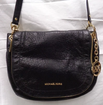 MICHAEL KORS Black Leather Crossbody Handbag ~ Gold Chain Strap - Zippered Flap - Image 1 of 4