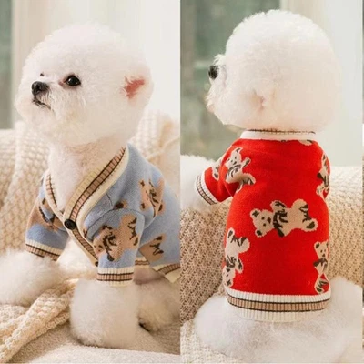 Pet Striped Dog Cardigan Cat Knitted Sweater Pet Dog Clothes Bear Pattern - - Image 1 of 4