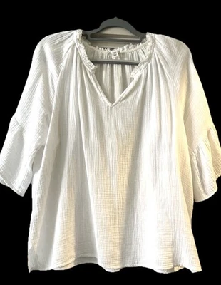 Blusa Tribal Jeans Pulôver Algodão Gaze Raglan Manga 3/4 Branca G/L Excelente Estado Usado - Imagem 1 de 4