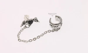 Alchemy Gothic Coeur Noir Cuff Stud Earring E212 Goth Black Heart Chain Gift - Picture 1 of 3