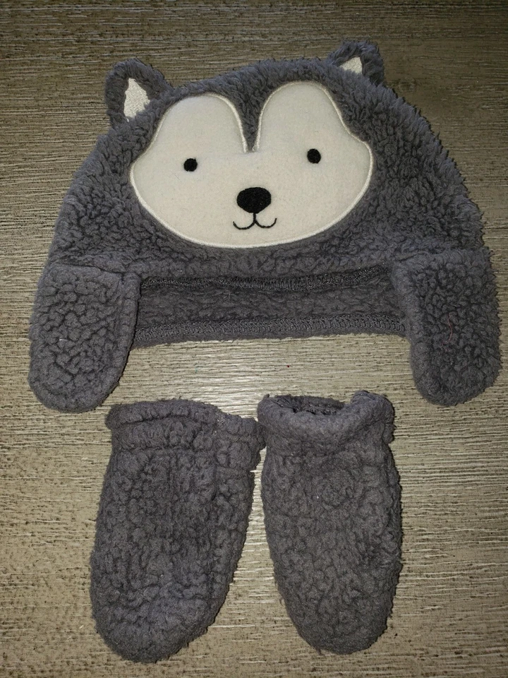 CARTERS fleece BABY BOY 0-3 month HAT MITTENS ears on top puppy dog SO SOFT! - Image 1 of 1