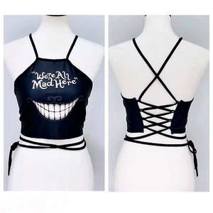 Alice in Wonderland Chesire Cat Smile We’re All Mad Here Black Backless Crop Top - Picture 1 of 11