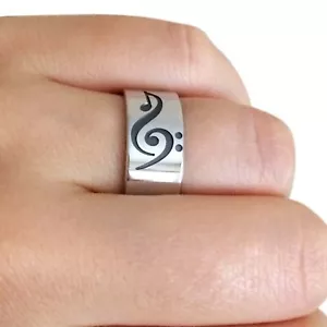 925 Sterling Silver Bass Clef Ring Treble Clef Band Musical Note Ring Handmade - Picture 1 of 4