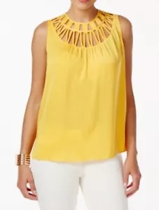 Thalia Sodi Lattice-Trim Tank Top Women's M Sun Gold Round Neck Button Back - Picture 1 of 17