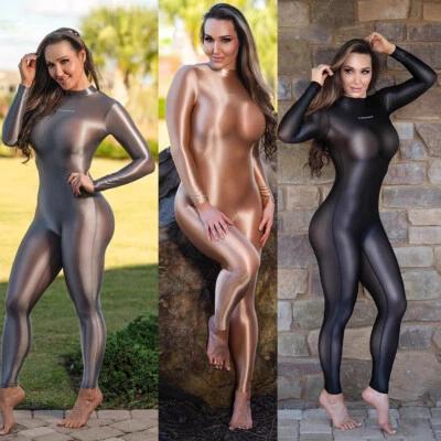 LEOHEX Women's Jumpsuits Suits Overalls Semi-Sheer Shiny Tights Leotard Playsuit - Photo 1/4