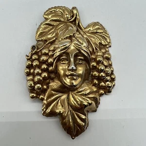 Art Nouveau Brooch Woman Lady Face Grapes Leaves 2.75” - Picture 1 of 4
