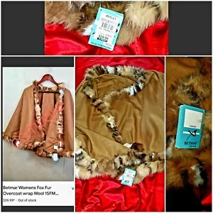Betmar Fox Fur Overcoat Wrap Wool , Sexy Casual  Shawl Brown Fall Cute Wear - Picture 1 of 3