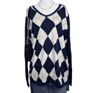 Tommy Hilfiger Argyle Pullover Damen XL Navy Rot Y2K Preppy V-Ausschnitt - Bild 1 von 7