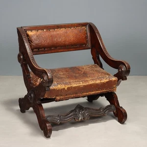 Antiker Sessel Neo-Renaissance Stil Walnuss Leder Italien XX Jhd Originell - Bild 1 von 10