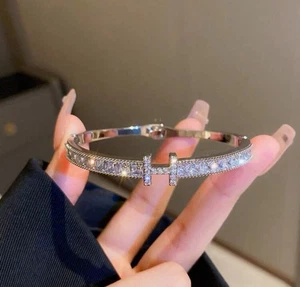 Silver Plated Stainless Steel CZ Bangle Bracelet | Sparkling Statement Jewelry H - Picture 1 of 5