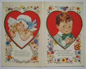 Schüchternes Mädchen & Junge Valentinstag Gedicht 2 alte Urlaubspostkarten 1910-20er geprägt; unbenutzt - Bild 1 von 2