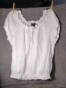 Blusa Top Camisa CHAPS Mujer Blanca Ojales Talla Mediana Algodón Manga Corta - Imagen 1 de 7