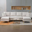 110''Beige Polyester Blend Sectional U-Shape Convertible Sofa Couch 4-Seat Couch