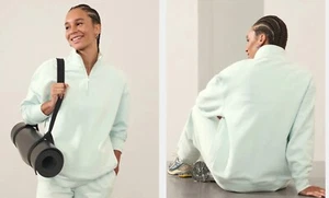 NWT Athleta Forever Fleece 1/4 Zip Sweatshirt size XL Halycon Blue Green - Picture 1 of 11
