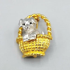 Joan Rivers Silver and Gold Tone Dog Puppy in Basket Figural Brooch - Picture 1 of 10