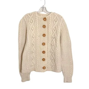 Hand knit Cream Aran Wool Cardigan Sweater Size Large Classic Irish Cottagecore - Picture 1 of 10