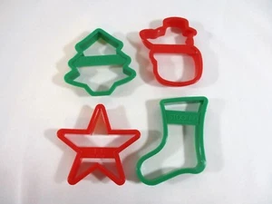 Christmas Cookie Cutter Set of 4 Snowman Tree Stocking Star 3" Red Green Plastic - Picture 1 of 6