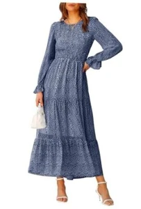 Women Casual Long Sleeve Crew Neck Fall Dress Bohemian Small Floral Dark Blue - Picture 1 of 7