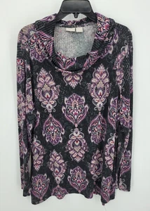 Chicos Zenergy 3 Top Womens XL Black Purple Scarf Print Funnel Neck Comfy Cozy - Picture 1 of 7