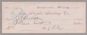 Antique 1902 used check : Peoples Banking Co., Darlington, Indiana - Picture 1 of 1