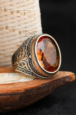 Anel unissex masculino de casamento sólido prata esterlina 925 amarelo citrino zircão pedra preciosa - Imagem 1 de 4