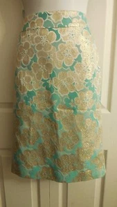BANANA REPUBLIC Aqua/ Gold Metallic Silk BROCADE FLORAL Pencil Skirt 0  XS - Picture 1 of 4