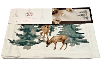 North Pole Trading Watercolor Deer Table Runner 14" x 72" 100% Cotton Christmas - Image 1 of 4