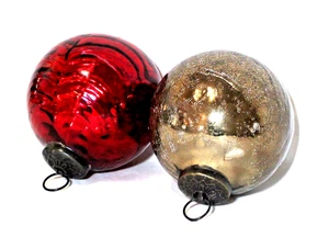 Kugel Style Ball Ornaments Crackle Glass Red & Gold Set 2 - Picture 1 of 4