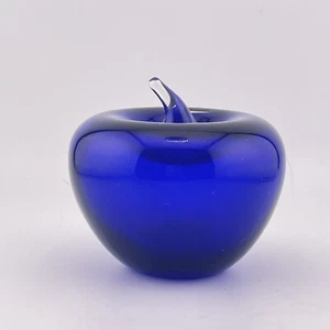 Art Glass Cobalt Blue Apple w Clear Stem Flat Smooth Bottom Paperweight - Picture 1 of 8