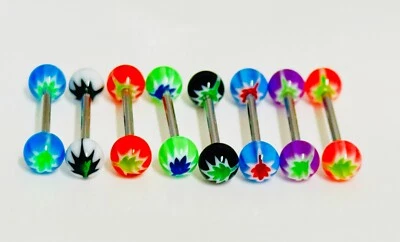 8 Pc Pot Leaf Inlay Acrylic Ball 14g 5/8" Barbell Nipples Tongue Rings - Image 1 of 2