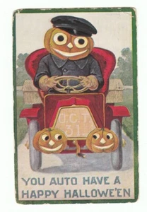 Vintage Halloween Postcard JOL Chauffer Pumpkin Headlights Dated Grill Collectib - Picture 1 of 2